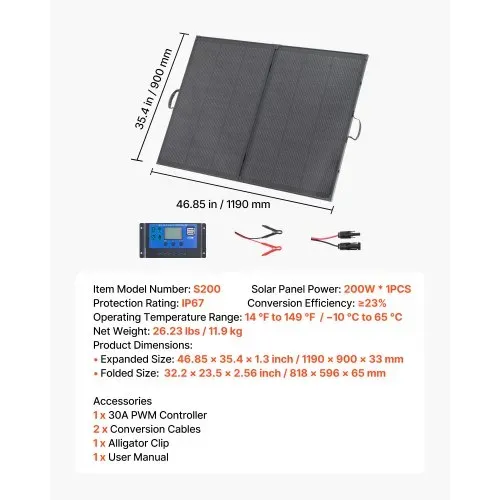 VEVOR Faltbares Solarpanel 200 W, Tragbares Monokristallines Solarmodul mit 30A PWM-Regler, MC4-Ausgang & Rahmen, 23% Hocheffizienz, IP67 Wasserdicht für Camping, Wandern & Wohnmobilreisen – Bild 6