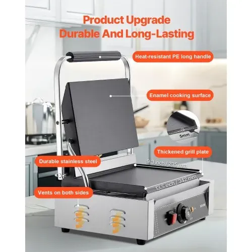 VEVOR kommerzieller Panini-Grill Kontaktgrill 2200 W für Sandwiches Steak Bacon Hamburger, Sandwichmaker Pressgrill aus Edelstahl mit Griff & Temperaturregelung & 34 x 23 cm Heizplatte, Paninipresse – Bild 2