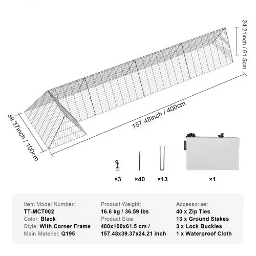 VEVOR Hühnertunnel, 400 x 100 x 61,5 cm (L x B x H) Hühnerkäfig für den Hof, tragbare Hühnertunnel für draußen mit Eckrahmen, Hühnerstall-Auslauf, geeignet für Hühner, Enten, Kaninchen – Bild 6