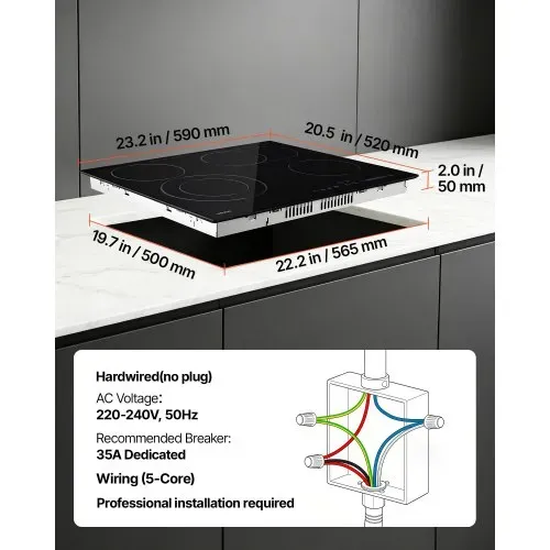 VEVOR Glaskeramikkochfeld 59 x 52 cm Einbau Elektrokochfeld 6600 W 4 Kochzonen, Keramikkochfeld mit 9 Leistungsstufen, Timer, Kindersicherung, Überhitzungsschutz und Touch-Bedienung, ohne Stecker – Bild 6