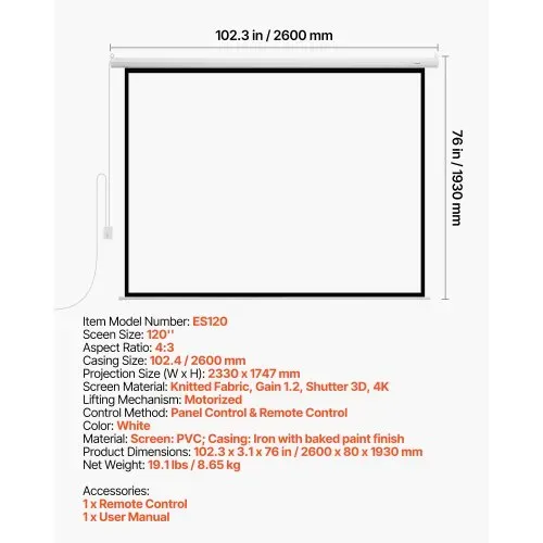 VEVOR Motor Projektionsleinwand Beamer Leinwand, 120 Zoll 4:3 4K 1080 HD, Projektionsdisplay-Projektor mit Fernbedienung, automatische Filmleinwand, tragbare Rolloleinwand Heimkino Heimbüro – Bild 6