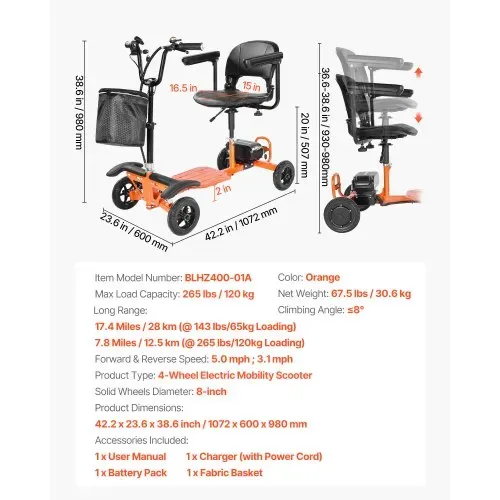 VEVOR 4-Rad-Elektromobil, klappbar 120 kg Tragkraft, Seniorenmobil, Mobilitätsroller, Elektrischer Rollstuhl mit 48-V-Lithiumbatterie, Vollgummireifen & 8° Steigfähigkeit, 12,5 km Reichweite – Bild 6