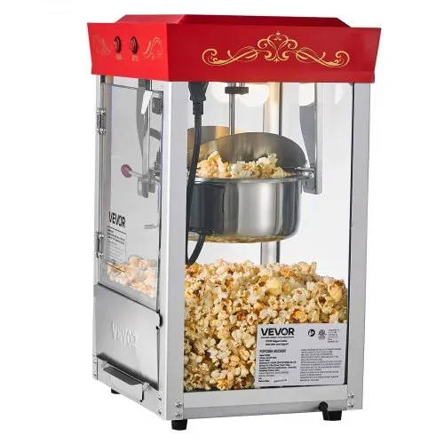 VEVOR Popcornmaschine mit Edelstahlkessel, 800 W kommerzieller Popcornmaker, 48 Tassen pro Ladung, Kinostil, mit 2-Tasten-Bedienung, Glaswand, PC-Tür, 1 Portionierer, 3 Löffel, Rot – Bild 10