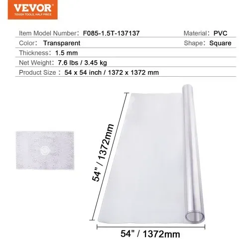 VEVOR Kunststoff-Tischdecke, 137,2 x 137,2 cm, 1,5 mm dick, transparenter Tischschutz, quadratische PVC-Schreibtischunterlage, wasserdichte und leicht zu reinigende Schreibtischunterlage, Tischdecke, für Büro, Kommode, Esszimmertisch, Nachttisch – Bild 6