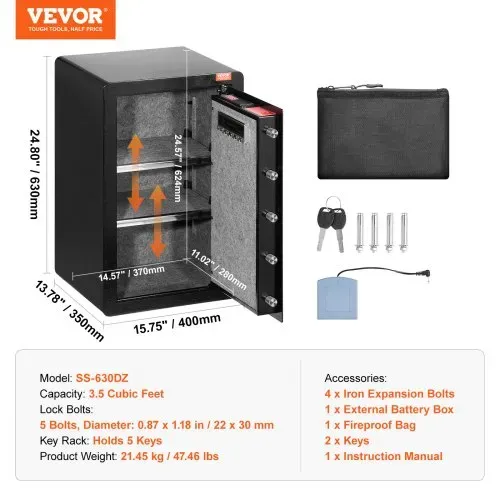 VEVOR Safe Tresor mit feuerfester Geldtasche, Einzeltür-Safe 99 L, 2 Trennwände, digitaler Möbeltresor mit Schlüssel und Code, Wertsachenbox für Geld, Schmuck und Medikamente, Geldtresor Schwarz – Bild 6
