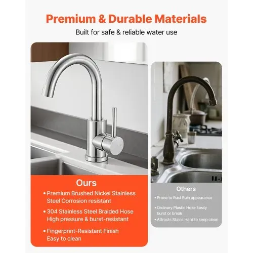 VEVOR Einhebelwaschtischarmatur Wasserhahn mit gebürstetem Nickel & hohem Bogenauslauf, Waschbeckenarmatur Küchenwasserarmaturen wassersparend, Einhebelmischer für Badezimmer Wohnmobil Bar-Spüle – Bild 3
