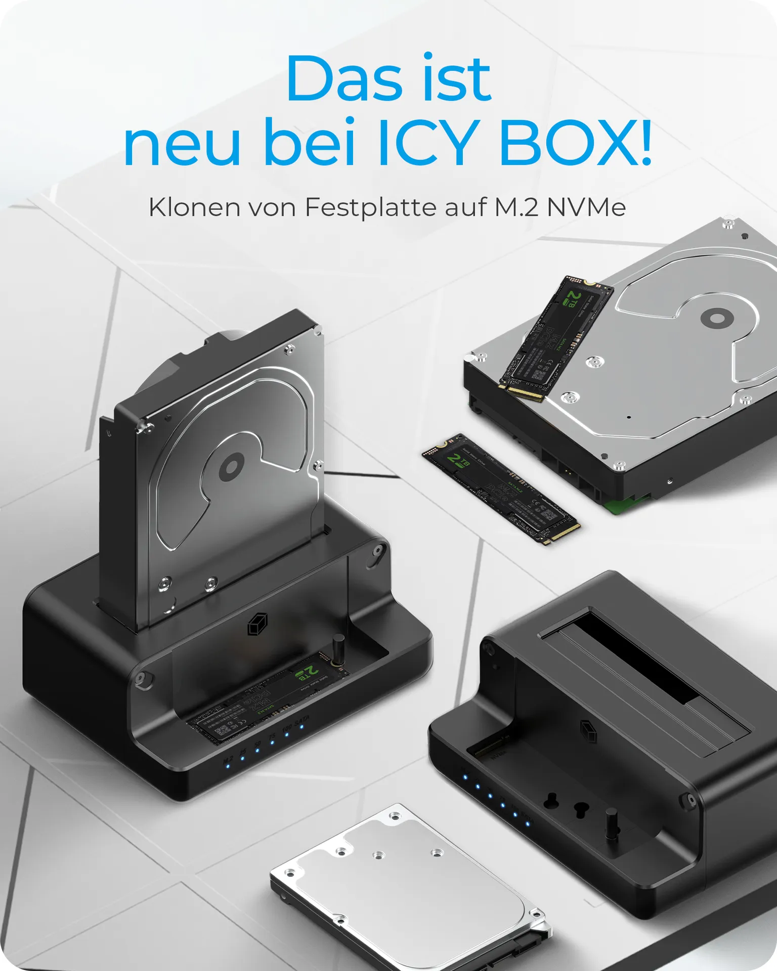 ICY BOX IB-2914MSCL-C31, Docking & CloneStation für M.2 NVMe SSD & 2.5”/3.5” SATA SSD/HDD, Zweiwege klonen, USB 3.2 Gen 2 Type-C®/Type-A, schwarz – Bild 2