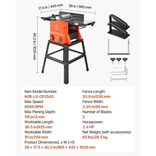 VEVOR Abricht- & Dickenhobelmaschine 254 mm Hobelbreite, 2,4 PS, 8000 U/min, mit Ständer, 2-Messer-Hobelmesserwelle, Aluminiumgusstisch, 0–3 mm Einstellbare Schnitttiefe, für Holzbearbeitung – Bild 6