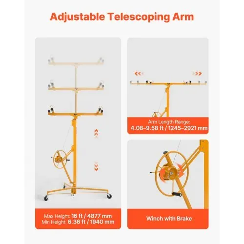 VEVOR Plattenheber bis max. 68 kg, 4877 mm Höhe, Gipskartonheber mit verstellbarem Teleskoparm, Rigipsplatten, Trockenbau-Heber, Panelheber, Hebezeug, Werkzeuge, für Decken- & Wandmontage (Gelb) – Bild 2
