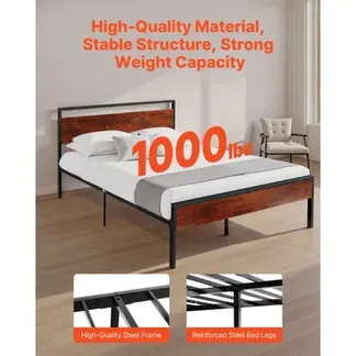 VEVOR Bettrahmen (Queen Size), Plattformbettrahmen aus Metall mit Kopf- und Fußteil aus braunem Holz im Retro-Stil, großer Stauraum unter dem Bett, rutschfest, kein Boxspring erforderlich VEVOR Bettrahmen (Queen Size), Plattformbettrahmen aus Metall mit Kopf- und Fußteil aus braunem Holz im Retro-Stil, großer Stauraum unter dem Bett, rutschfest, kein Boxspring erforderlich