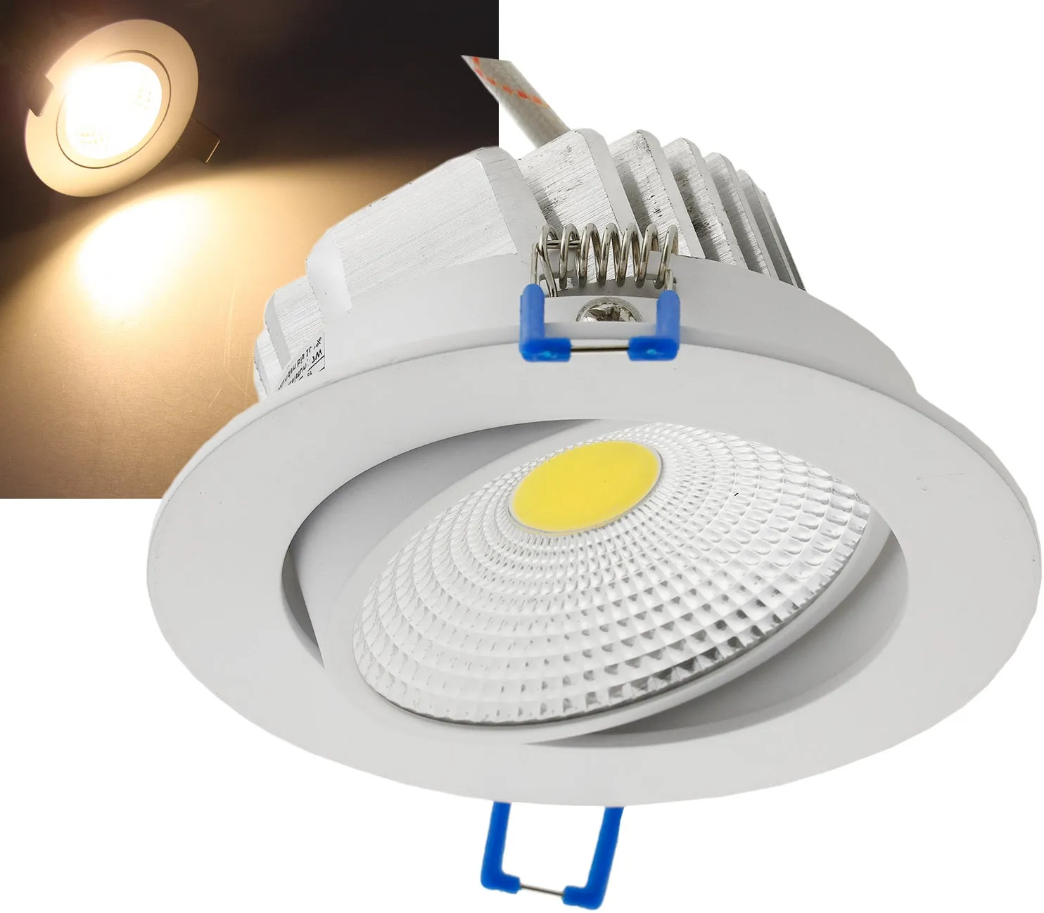LED-Einbauleuchte „COB-7“, 7W, 550lm 3000K, 75°, Ø109xT47mm, Rahmen weiß LED-Einbauleuchte „COB-7“, 7W, 550lm 3000K, 75°, Ø109xT47mm, Rahmen weiß