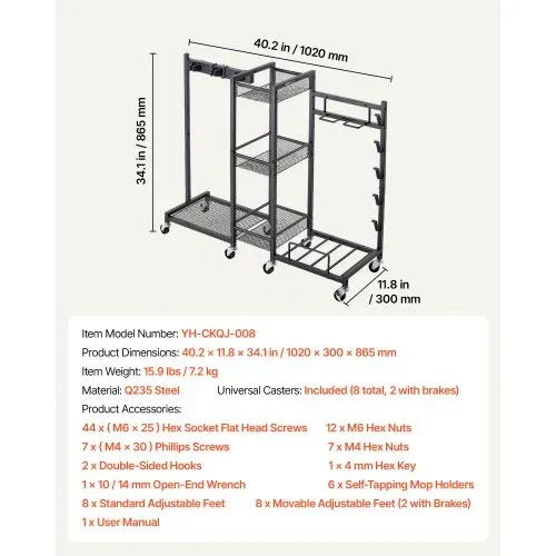 VEVOR Gartengeräte Ständer 1020x300x865mm Gerätehalter mit Rollen Schwarz, Aufbewahrungsregal für Garage Schuppen Garten, Stahlkonstruktion, 3-in-1 mit 3 Ablagefächern Staubsaugerhalter & Klemmsystem – Bild 6