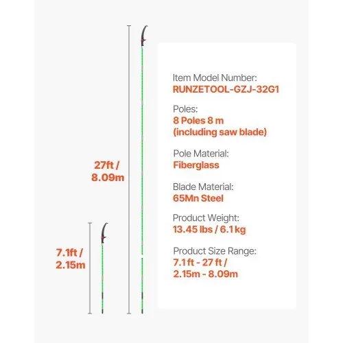 VEVOR Astsäge mit Teleskopstiel, 2,15-8,09 m einstellbar, Klinge aus 65Mn-Stahl, leichte Stange aus Fiberglas, zum Beschneiden hoher Äste, Teleskop Baumsäge für Palmen Sträucher – Bild 6