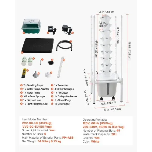 VEVOR Hydroponischer Turm 45 Pods, Hydrotower 9 Ebenen, Hydroponik-Anbausystem mit LED-Pflanzenlampe, App-Steuerung & Rädern, 20-L-Wassertank & Pumpe, Hydroponic Tower für Kräuter, Obst & Gemüse – Bild 6