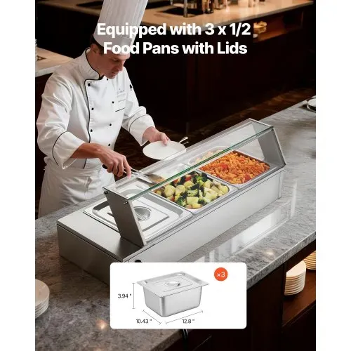 VEVOR kommerzieller Speisenwärmer mit Glasabdeckung & 3 Behälter (1/2-Größe) 1,5 kW Buffetwärmer Edelstahl, Buffetbehälter Buffet-Wasserbad Speisenwärmstation für Restaurants Partys Buffets – Bild 2