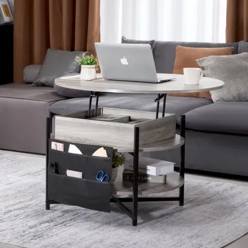 VEVOR Couchtisch mit anhebbarer Platte, 35,3 Zoll runder Couchtisch mit zusätzlichen Aufbewahrungstaschen, aufklappbarer Couchtisch für das Wohnzimmer, weiß – Bild 7