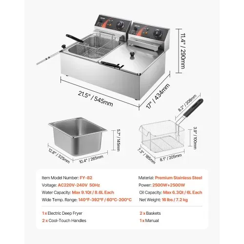 VEVOR wunicorn Fritteuse 295 x 235 x 150 mm Commercial Elektro-Fritteuse Tief, Doppel-Kaltzonen-Fritteuse YB-82 Fritteuse Maschine Silbrig - 6 L + 6 L 5000W 220V für Schnellrestaurants Snackbars 10 kg – Bild 6