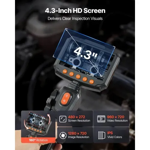 VEVOR Endoskopkamera mit Licht Drehbar, Inspektionskamera mit Zwei-Wege beweglichem Kopf, IP67 Wasserdichte Rohrkamera mit 4,3 Zoll Display 1,5m Kabel 2600mAh Akku, 6,2mm Boreskopkamera für Auto Haus – Bild 3