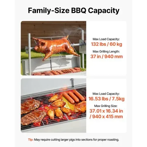 VEVOR Drehspießgrill 38 W Spanferkelgrill Lammgrill Holzkohlegrill (94 cm Grilllänge) mit 60 kg Tragkraft & 7-facher Höhenverstellung & Schutzblech, Edelstahl-Elektrogrill-Set für Camping Outdoor – Bild 2