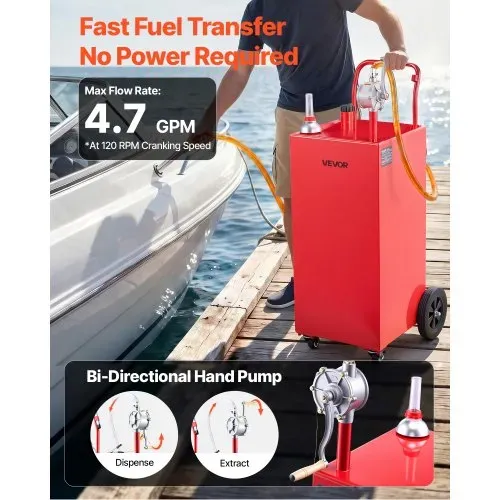 VEVOR 189,3L Kraftstofftrolley Mobile Tankanlage mit Manueller Pumpe Rot, Kohlenstoffstahl, Mit 4 Rollen & 3m PVC-Schlauch, Max. 17,8L/min Durchfluss, Benzin & Diesel, Ideal für Auto Rasenmäher Boot – Bild 2