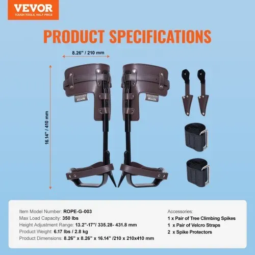 VEVOR Baumkletterspikes, 1 Paar Klettersporne aus legiertem Stahl, 350 lbs Tragkraft, Baumkletterausrüstung mit Gurten und Spike-Schutz, Baumpflegeausrüstung für Kletterer, Jagen, Obstpflücken, Braun – Bild 6