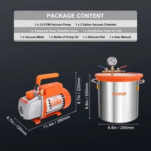 VEVOR Vakuumpumpe mit 11L Vakuumkammer 100L/min Unterdruckpumpe 150W AC 220V/50Hz 1440U/min 5pa 250ml-Ölkapazität HVAC-Vakuumgeräte Kühlvakuumpumpe für Holzstabilisierung Harzentgasung – Bild 6