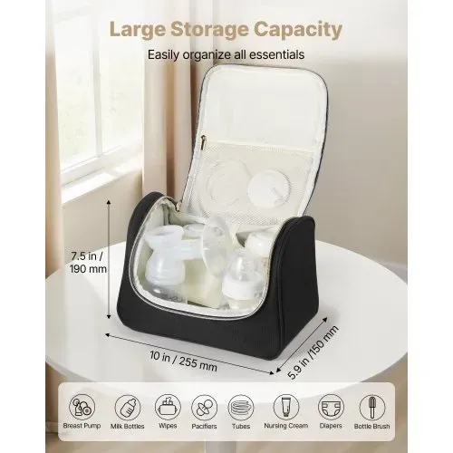 VEVOR Tragbare Milchpumpentasche, Tragetaschen für Milchpumpe, mit wasserdichter Matte, passend für M5/M6, Pumpzubehör & Aufbewahrung von Muttermilch, für Arbeit, Reisen, Schwarz, 255x150x190 mm – Bild 3