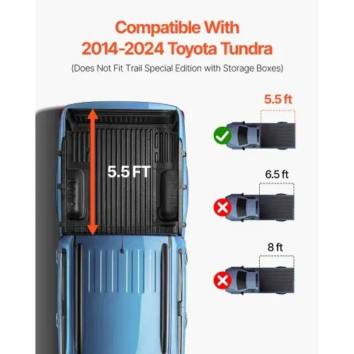 VEVOR Dreifach faltbare Ladeflächenabdeckung, kompatibel mit Toyota Tundra 2014–2024 (NICHT PASSEND für Trail Special Edition mit Aufbewahrungsboxen), Fleetside 5,5′ (67″) kurze Ladefläche 2023 VEVOR Dreifach faltbare Ladeflächenabdeckung, kompatibel mit Toyota Tundra 2014–2024 (NICHT PASSEND für Trail Special Edition mit Aufbewahrungsboxen), Fleetside 5,5′ (67″) kurze Ladefläche 2023
