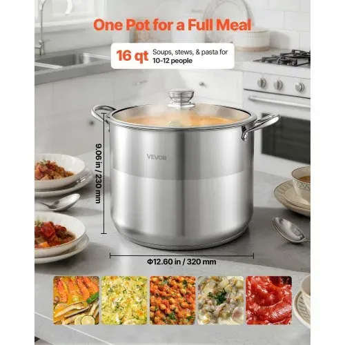 VEVOR Edelstahl Kochtopf 15,1 L Großer Suppentopf mit Glasdeckel Induktionsgeeignet Hochwertiger Nudeltopf PFOA-frei PFAS-frei für Gasherd Elektrokochfeld Ideal für Eintöpfe Pasta Familienportionen – Bild 4