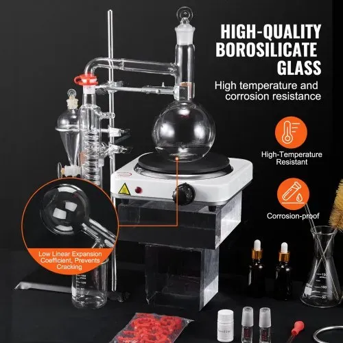 VEVOR Destillationsset für Ätherische Öle, 500 ml Destillationsapparat, 3,3 Boro-Laborglas-Destillationsset mit 1000 W Heizplatte und 24, 40 Gelenken, 33-teiliges Set – Bild 2