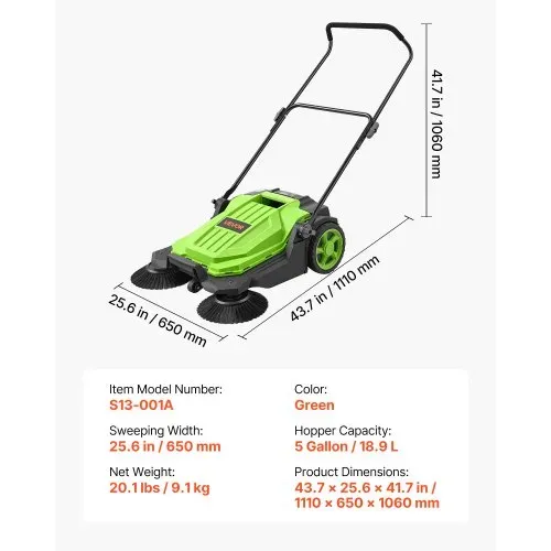 VEVOR Kehrmaschine Manuell, Handkehrmaschine mit 650 mm Arbeitsbreite, 18,9-L-Kehrbehälter & Verstellbarem Klappgriff, Bodenreinigungsmaschine für Höfe, Gehwege, Terrassen & Garagen – Grün – Bild 6