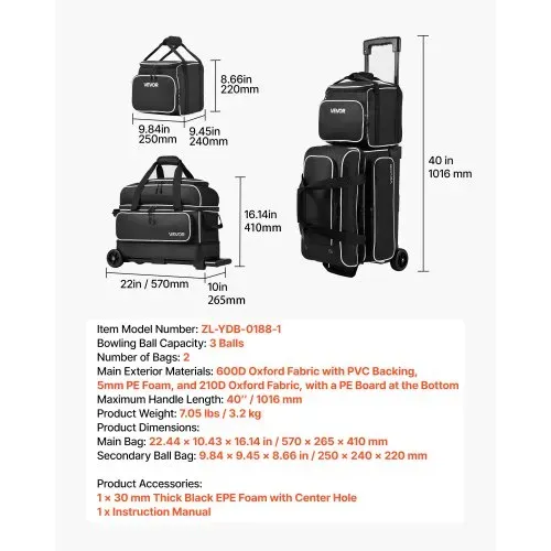 VEVOR 1 Bowlingtasche mit Rollen + 1 Bowlingtasche (Mini) für 2+1 Kugeln 600D Oxford Weiß Schwarz, für Schuhe bis US-Größe 16 und Zubehör, mit Teleskopgriff (bis zu 1016 mm) und Doppellagigen Ablagen – Bild 6