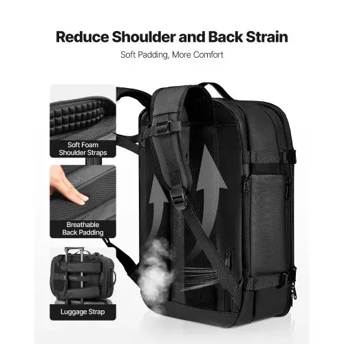 VEVOR Vakuum Rucksack, 65 L, erweiterbarer Vakuum-Kompressions-Reiserucksack mit Pumpe, mit TSA-zugelassenem Schloss, USB-Ladeanschluss, wasserabweisendes Handgepäck, für Business, Schwarz – Bild 5