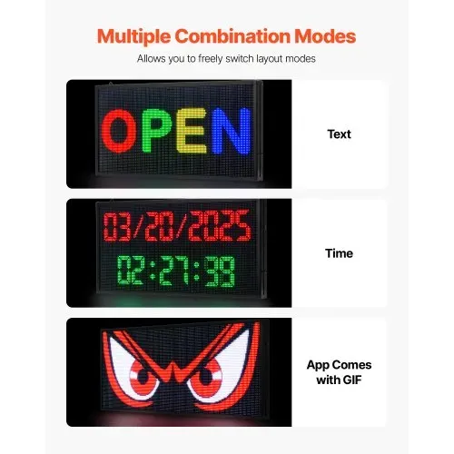 VEVOR programmierbare LED Zeichen P10 Vollfarbe flexibles digitales Scrolling Panel, DIY Anzeigetafel mit benutzerdefiniertem Textmuster und GIF & Bluetooth App Steuerung (670 x 350 x 55 mm) – Bild 5