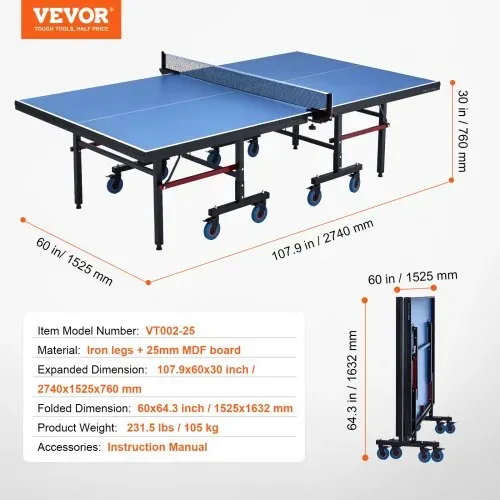 VEVOR Ping-Pong-Tisch, professionelles Tischtennisspiel, tragbarer MDF-Tischtennistisch für den Innenbereich, faltbarer Ping-Pong-Tisch mit Schnellklemmnetz und feststellbaren Rädern, einfacher Aufbau in 10 Minuten, 25 mm dicke Tischplatten – Bild 6