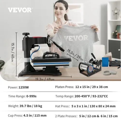 VEVOR Transferpresse 5 in 1 Wärmepresse Maschine 29 x 38 cm Klappschalen-Sublimations-Transferdrucker schnelles Aufheizen digitale Präzision – Bild 6