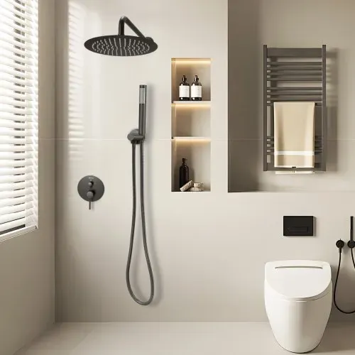 VEVOR Duscharmatur Regenduschsystem fürs Badezimmer Duschsystem mit 254 mm runden Regenduschkopf & Handbrause, wandmontierte Badezimmerarmaturen mit Messingventil & Zierset, Mattschwarz – Bild 7