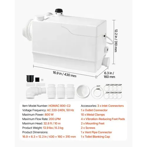 VEVOR Fäkalienhebeanlage 800 W 12000 L/h 10 m Förderhöhe mit 4 Einlässen, Weiße Abwasserhebeanlage Geeignet für Keller, WC, Waschbecken, Waschküche und Küche, Zackerpumpe mit Seitlichen Einlässen – Bild 6