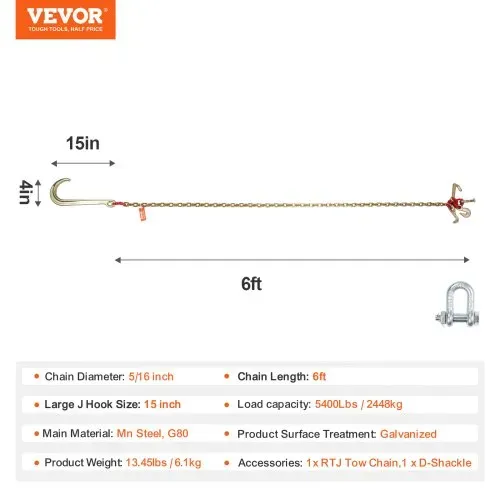 VEVOR J-Haken-Kette, 5/16 Zoll x 6 Fuß G80 15 Zoll langer Schaft J-Haken-Abschleppkette mit RTJ-Clusterhaken und Greifhaken, 5400 lbs sichere Arbeitslast, Hochleistungs-Transport-LKW-Kette zum Abschleppen von Abschleppanhängern – Bild 6