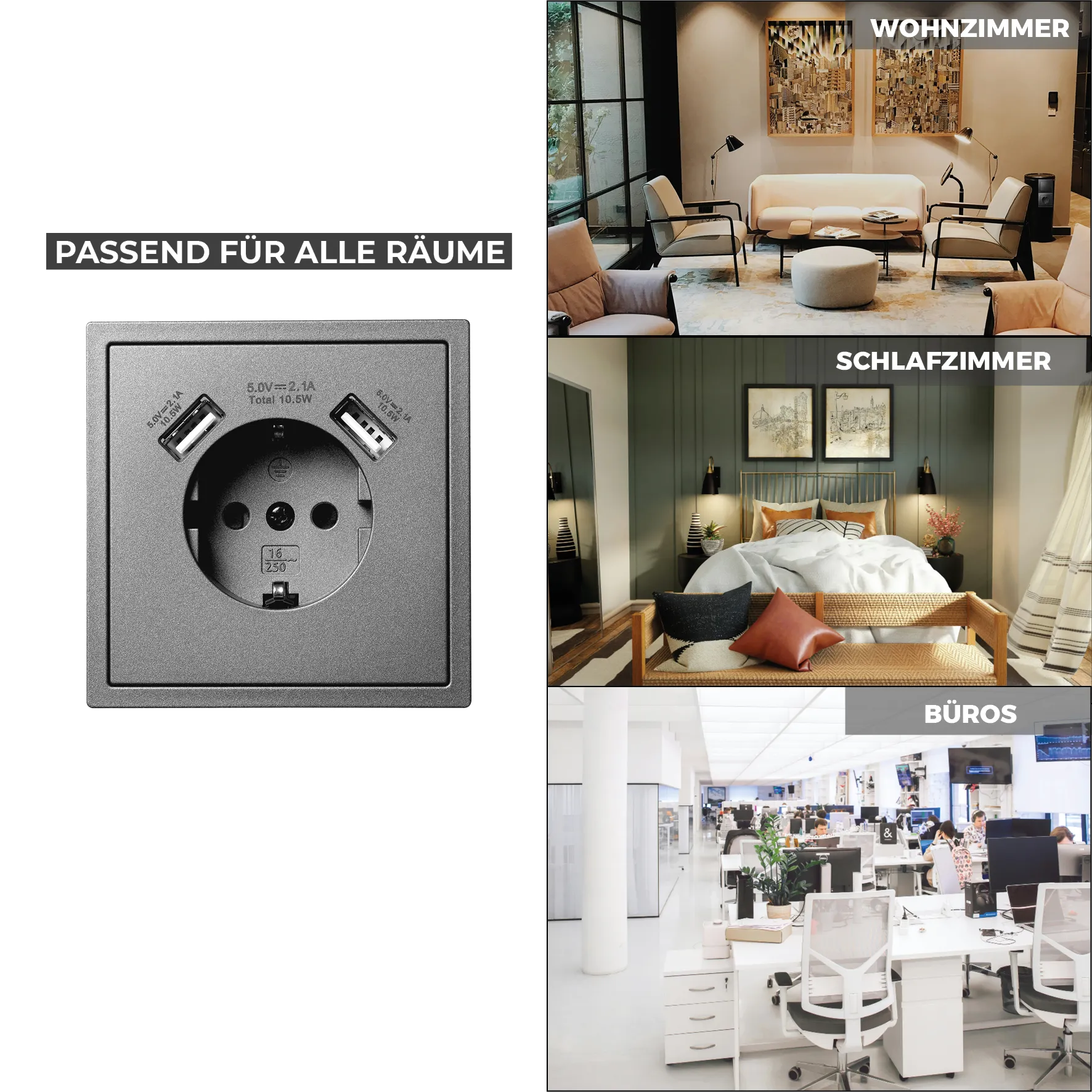 Schutzkontakt-Steckdose McPower ''Shallow'' 2x USB-A - 5V/2,1A – Bild 5