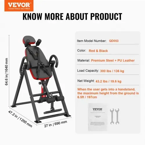 VEVOR Inversionstisch, Inversionsbank, 136 kg belastbar, Multifunktionsgerät Rückentrainer, klappbares Krafttrainingsgerät mit Kopfstütze, Knöchelverriegelung, verstellbarem Schutzgurt, Rot + Schwarz – Bild 6