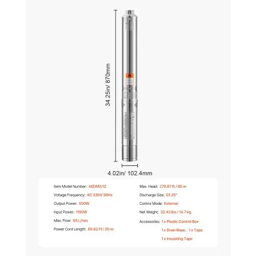 VEVOR Tiefbrunnenpumpe, 1100 W Eingangsleistung, 65 l/min Durchfluss, 85 m Förderhöhe, mit 20 m Kabel, externer Steuerkasten, Tauchpumpe, für industrielle Bewässerung und Heimgebrauch, IP68 – Bild 6