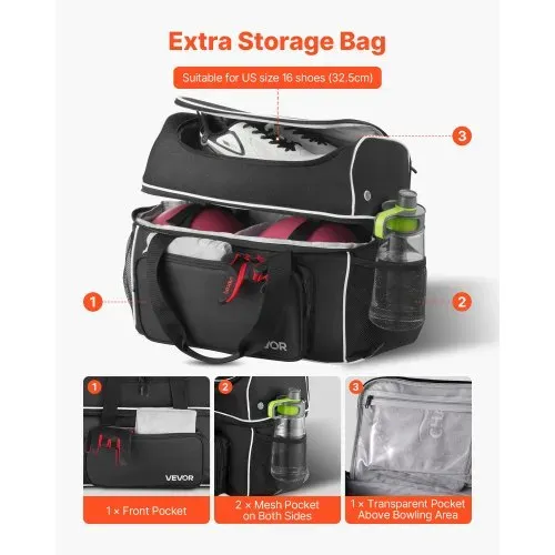 VEVOR Bowlingballtasche für 2 Bälle mit vier Rollen & separatem Fach für Schuhe (bis US-Größe 16) & übergroßer Zubehörtasche, einziehbarer Griff lässt sich auf 95 cm ausziehen Schwarz – Bild 4