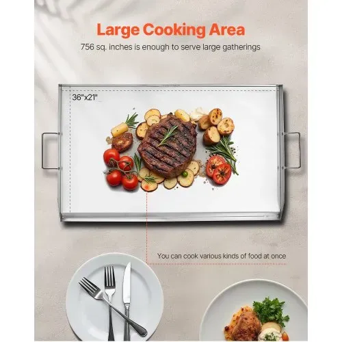 VEVOR Grillplatte Grillpfanne Edelstahl universelle rechteckige Platte (910 x 525 mm) mit flacher Oberseite, Gasgrill-Grillplatte für BBQ-Grill Teppanyaki, tragbares Familienkochgeschirr mit Griff – Bild 3
