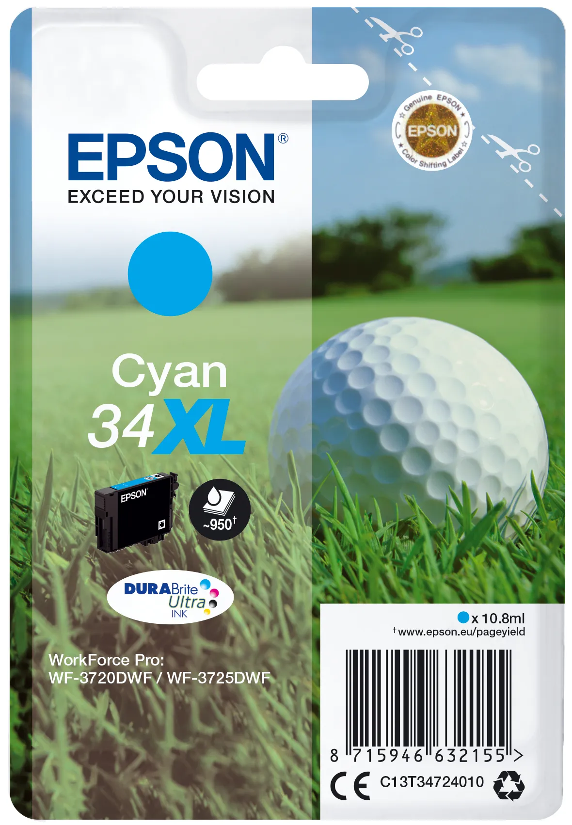Epson Golf ball Singlepack Cyan 34XL DURABrite Ultra Ink Epson Golf ball Singlepack Cyan 34XL DURABrite Ultra Ink