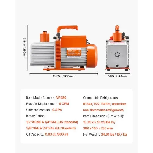 VEVOR Vakuumpumpe, 9 CFM, HVAC 2-stufige Drehschieber-Vakuumpumpe, für R134a R22 R410a-Systeme, Auto-AC-Vakuumpumpen-Kit mit Ölflasche, für die Harzentgasung zur Wartung von Autoklimaanlagen – Bild 6