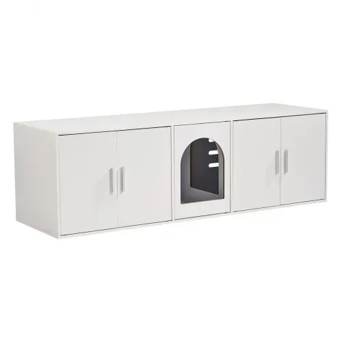 VEVOR Katzentoilettengehäuse für 2 Katzen, Katzentoilettenmöbel versteckt mit Doppelzimmern, Katzentoilettenschrank aus Holz passt in die meisten Katzentoiletten, 57,9"L x 18,3"B x 17,9"H, weiß – Bild 8