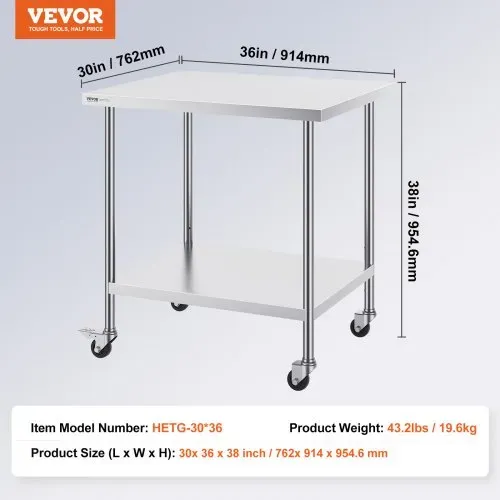 VEVOR Arbeitstisch aus Edelstahl, Küchentisch 762 x 914 x 954,6 mm, Zubereitungstisch, mit 4 Rädern, 3 einstellbaren Höhenstufen, Arbeitstisch zur Lebensmittelzubereitung für gewerbliche Restaurants – Bild 6