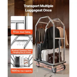 VEVOR Hotelgepäckwagen aus Edelstahl, 680,39kg Belastbarer Kofferwagen mit 8 Zoll Gummirädern, Hotelwagen mit Grauem Teppichboden & Garderobenstange, Gepäckwagen Gewerblich für Hotels Resorts, Silber VEVOR Hotelgepäckwagen aus Edelstahl, 680,39kg Belastbarer Kofferwagen mit 8 Zoll Gummirädern, Hotelwagen mit Grauem Teppichboden & Garderobenstange, Gepäckwagen Gewerblich für Hotels Resorts, Silber