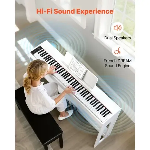 VEVOR Gewichtetes Digitalpiano, 88 Tasten vollgewichtet, E-Piano-Tastatur mit Möbelständer, Netzadapter, Dreifachpedal, Aufnahmefunktion, 280 Töne, Kabellose Verbindung, für Anfänger, Weiß – Bild 2